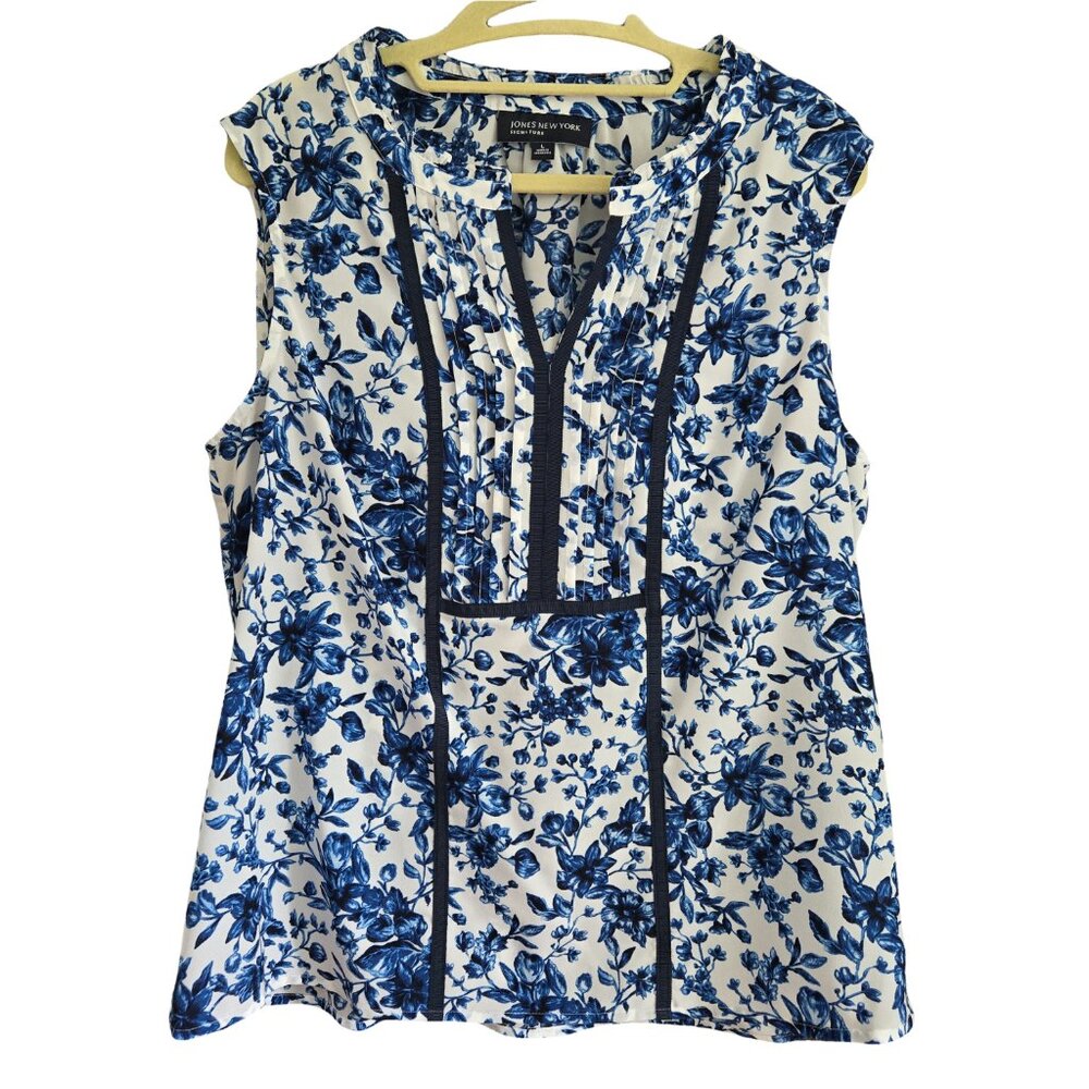 JONES NEW YORK Blue & White Floral Tank L